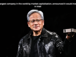 “Nvidia announces $5 billion investment in Intel – CEO presenting future chip partnership.”