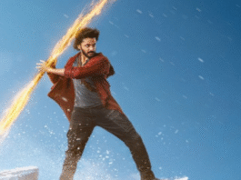 “Mirai movie still featuring Teja Sajja holding a glowing weapon on a snowy cliff.”