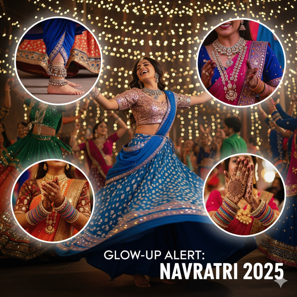 Beautiful Indian woman in traditional Navratri 2025 outfit with pastel lehenga, mirror work, and festive jewelry dancing during Garba celebration.”