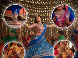 Beautiful Indian woman in traditional Navratri 2025 outfit with pastel lehenga, mirror work, and festive jewelry dancing during Garba celebration.”