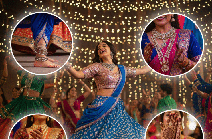 Beautiful Indian woman in traditional Navratri 2025 outfit with pastel lehenga, mirror work, and festive jewelry dancing during Garba celebration.”