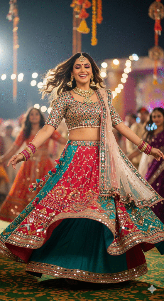 A dynamic full-body shot of a beautiful Indian female model at a vibrant Navratri Garba night, masterfully blending traditional and contemporary fashion. She is captured in a graceful, mid-dance spin, laughing joyously, her hair flowing with the movement.
