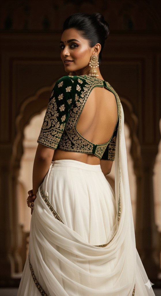 A high bun or a chic ponytail will show off the blouse's beautiful back. Moreover, accessorize with long earrings or a statement necklace. This is a look that guarantees you'll be the center of attention.