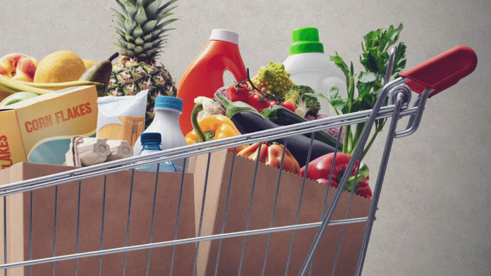 Purple Modern Simple Business News Blog Banner A shopping cart filled with groceries.