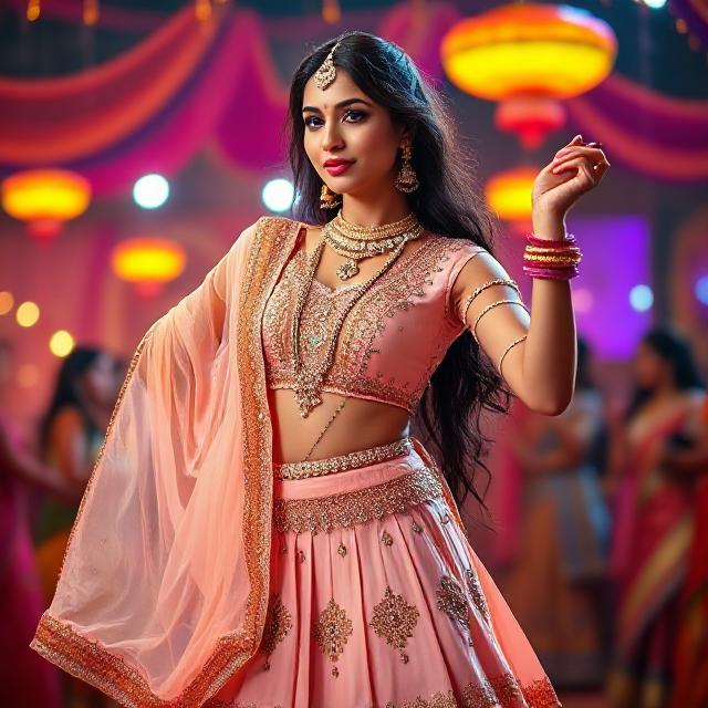 Beautiful Indian female with expressive features. Poised in a dynamic, graceful dance pose (e.g., a spin, arms outstretched, one hand on hip).